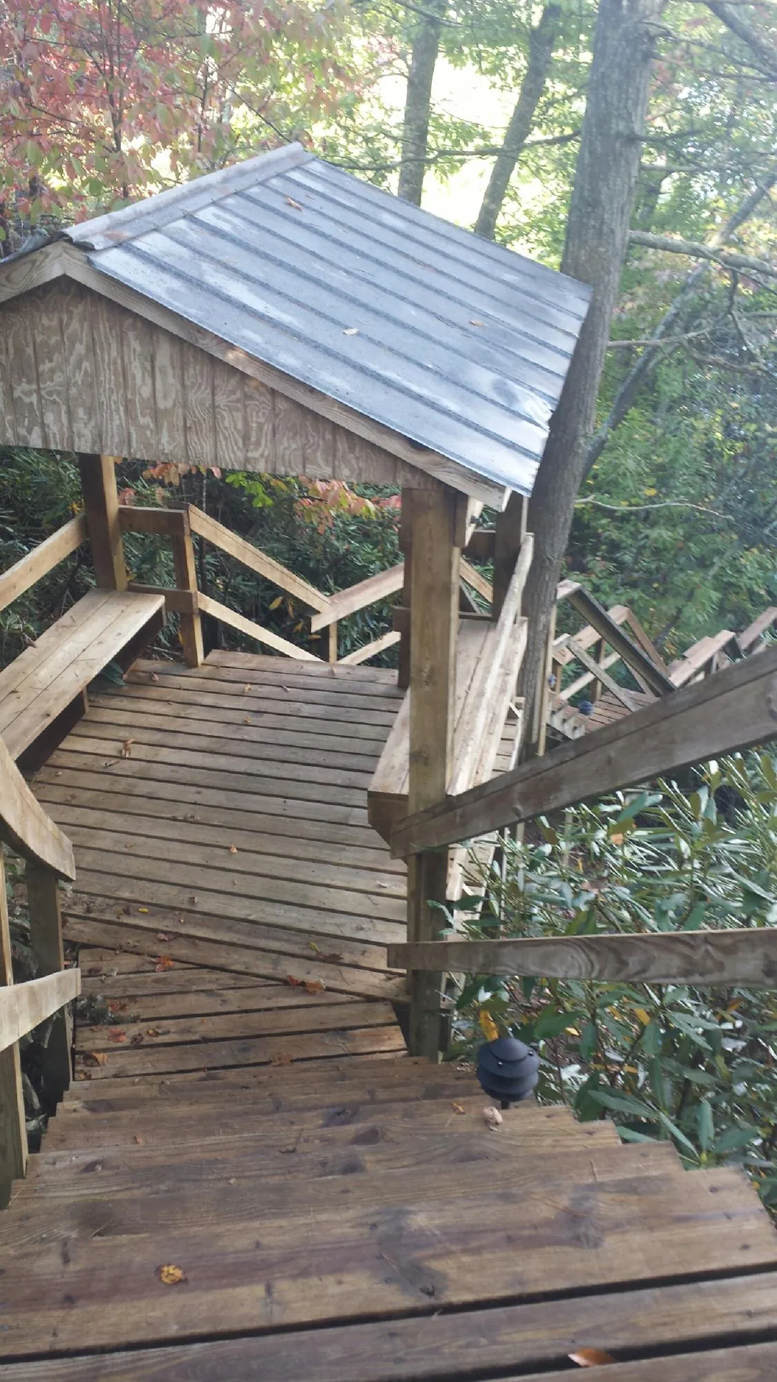 Metal roofed shelter over wooden steps on a wooded walkway — Skylight Repair & Installation work by our crew in Sparta